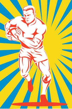 illustration of a rugby player running passing the ball on isolated background done in retro woodcut style