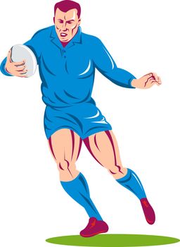 illustration of a rugby player running passing the ball on isolated background done in retro woodcut style