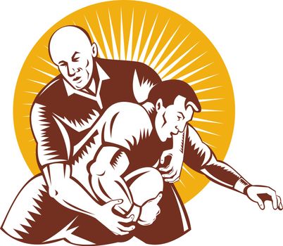 illustration of a rugby player being tackled with the ball on isolated background done in retro woodcut style
