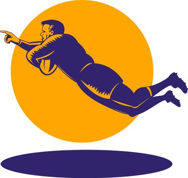 illustration of a rugby player diving to score a try on isolated background done in retro woodcut style