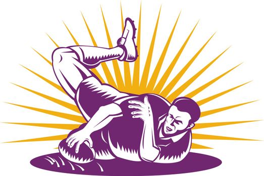 illustration of a rugby player diving to score a try on isolated background done in retro woodcut style
