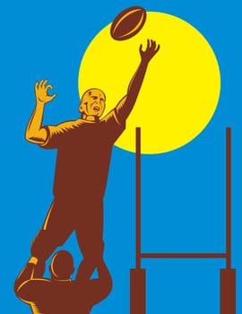 illustration of a rugby player catching the ball lineout throw with goal post on isolated background done in retro woodcut style