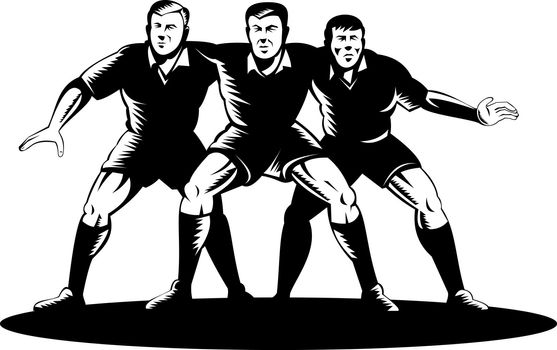 illustration of a rugby player in a scruml on isolated background done in retro woodcut style
