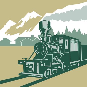 illustration of a steam train locomotive coming up on railroad done in retro woodcut style