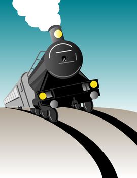 illustration of a steam train locomotive coming up on railroad done in retro woodcut style