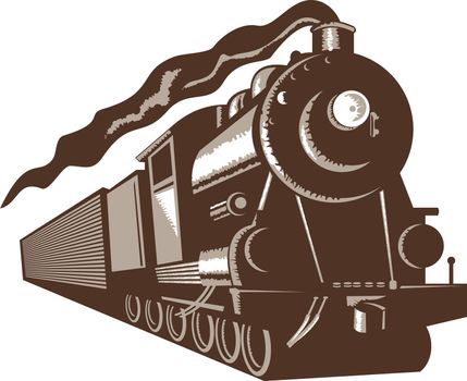 illustration of a steam train locomotive coming up on railroad done in retro woodcut style