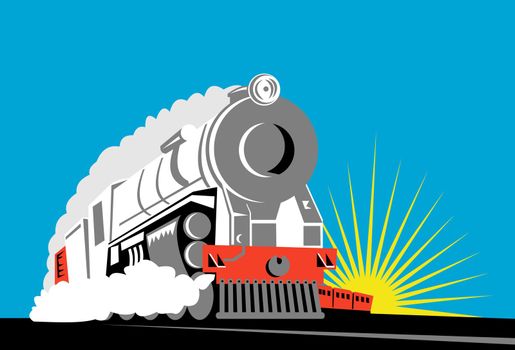 illustration of a steam train locomotive coming up on railroad done in retro woodcut style