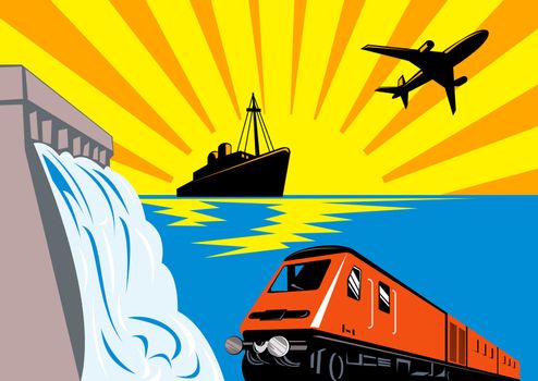 illustration of a diesel train locomotive,boat,ship and airplane with dam and sea ocean done in retro woodcut style