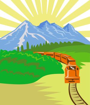 illustration of a diesel train locomotive coming up on railroad done in retro woodcut style