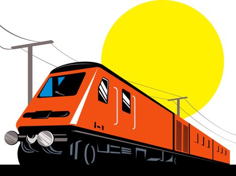 illustration of a diesel train locomotive coming up on railroad done in retro woodcut style