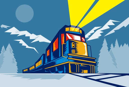 illustration of a diesel train locomotive coming up on railroad done in retro woodcut style