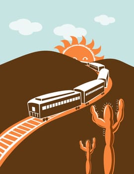illustration of a diesel train locomotive coming up on railroad done in retro woodcut style