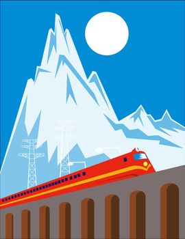 illustration of a diesel train locomotive coming up on railroad viaduct done in retro woodcut style