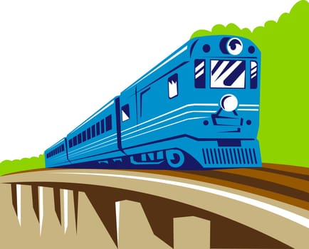 illustration of a diesel train locomotive coming up on railroad viaduct done in retro woodcut style
