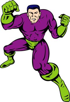 illustration of a cartoon super hero running punching isolated on white background