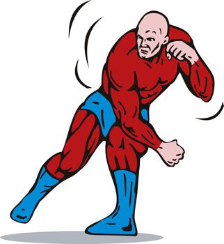 illustration of a cartoon super hero running punching isolated on white background