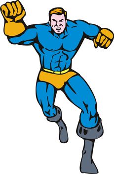 illustration of a cartoon super hero running punching isolated on white background