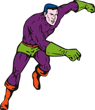 illustration of a cartoon super hero running punching isolated on white background