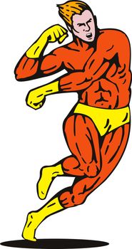 illustration of a cartoon super hero running punching isolated on white background