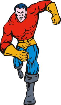 illustration of a cartoon super hero running punching isolated on white background