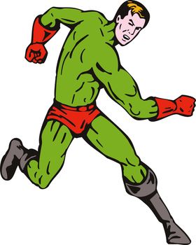 illustration of a cartoon super hero running punching isolated on white background