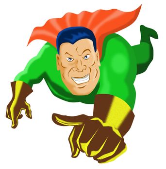 illustration of a cartoon super hero pointing isolated on white