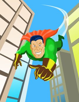 illustration of a cartoon super hero pointing flying between buildings