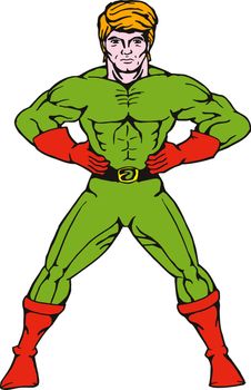 illustration of a cartoon super hero standing hands on hips isolated on white background
