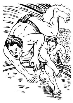 illustration of a Japanese sumo wrestler fighting throwing another wrestler isolated on white background