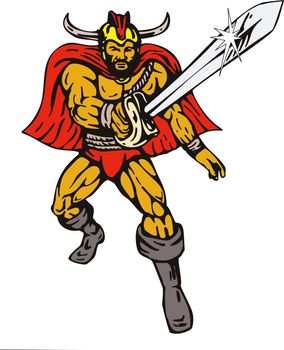 illustration of a cartoon Viking super hero with sword  running isolated on white background