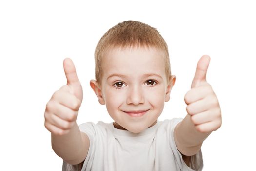 Human child hand gesturing thumb up success sign