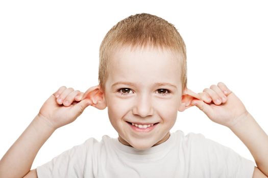 Smiling human child hand listening deaf ear gossip