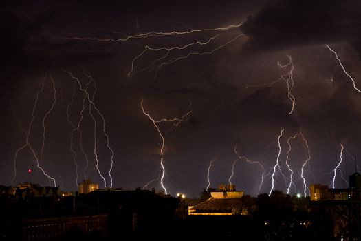 Storm weather nature lightning at rain cloud sky