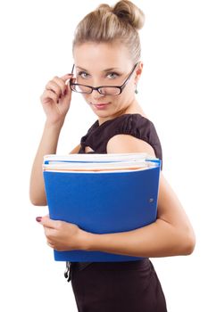 Rigorous woman looking through the glasses with papers over white