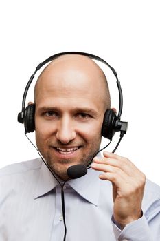 Smiling business man talking headphones or headset