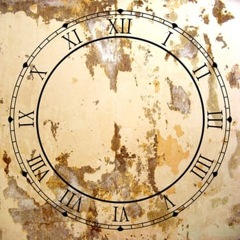 Illustrated clock face with Roman numerals and grunge texture