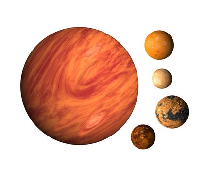 illustration of planet Jupiter with moons europa, callisto,ganymede,io on isolated background