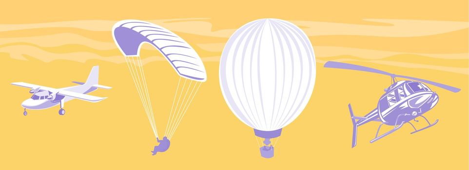 illustration of a propeller airplane airliner parachute hot air balloon and helicopter