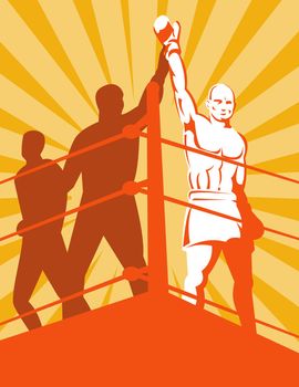 illustration of a boxer declared as winner champion by referee raising his hands done in retro style