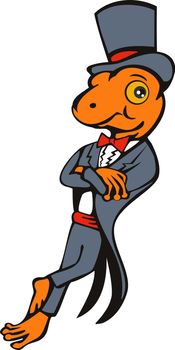 illustration of a cartoon gecko with top hat and bow tie tuxedo standing isolated on white