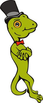 illustration of a cartoon gecko with top hat and bow tie standing isolated on white