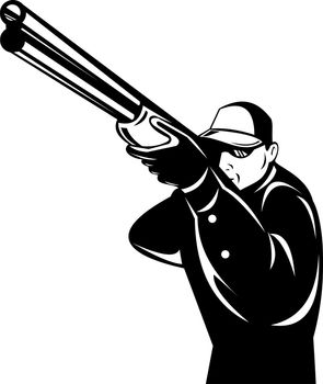 illustration of a hunter aiming shotgun rifle gun done in retro style on isolated background