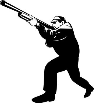 illustration of a hunter aiming shotgun rifle gun done in retro style on isolated background