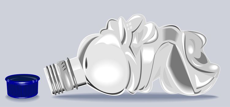 Illustration of a plastic water bottle container crushed and crumpled on isolated background.