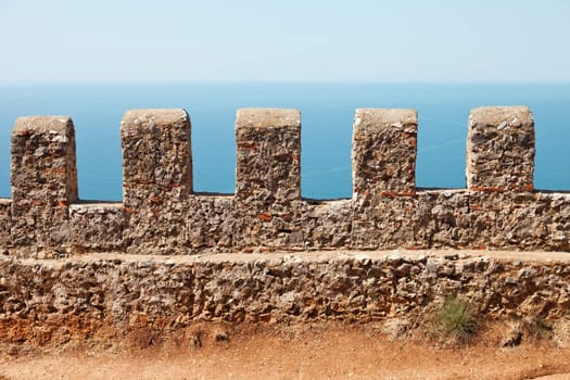 Mediterranean sea and blue sky view from Turkey Alanya ancient mountain castle wall