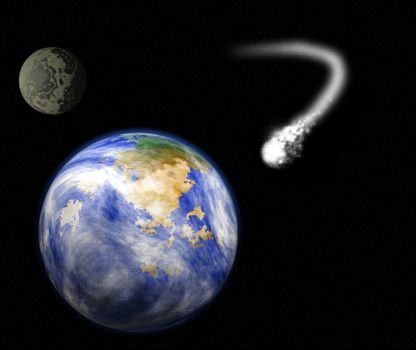illustration showing a comet heading and about to strike planet earth with moon in the background.