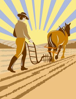 illustration of a farmer and horse plowing the farm field done in retro woodcut style.