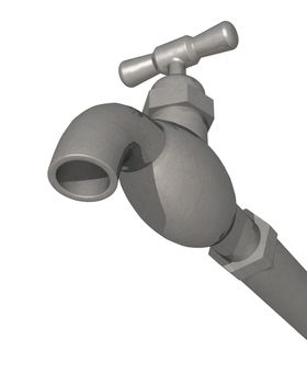 3D render of a water faucet tap viewed from a low angle on isolated white background