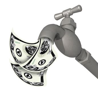 3D render of a water faucet tap viewed from a low angle on isolated white background with money flowing out