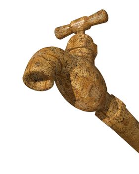 3D render of a water faucet tap viewed from a low angle on isolated white background